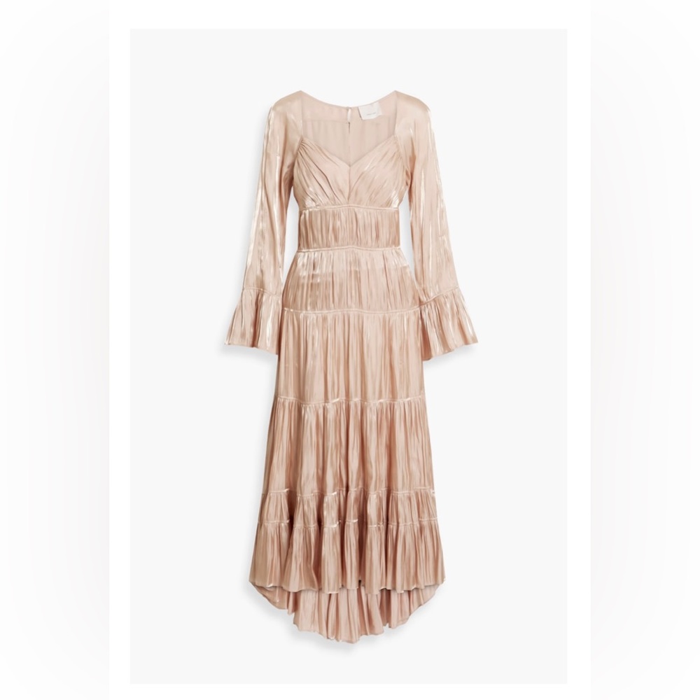 Cinq à Sept Tan Tiered Midi Dress with Bell Sleeves